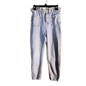 Zara Paper Bag Denim Baggy Pants High Waist Acid Wash Elastic Waist Band